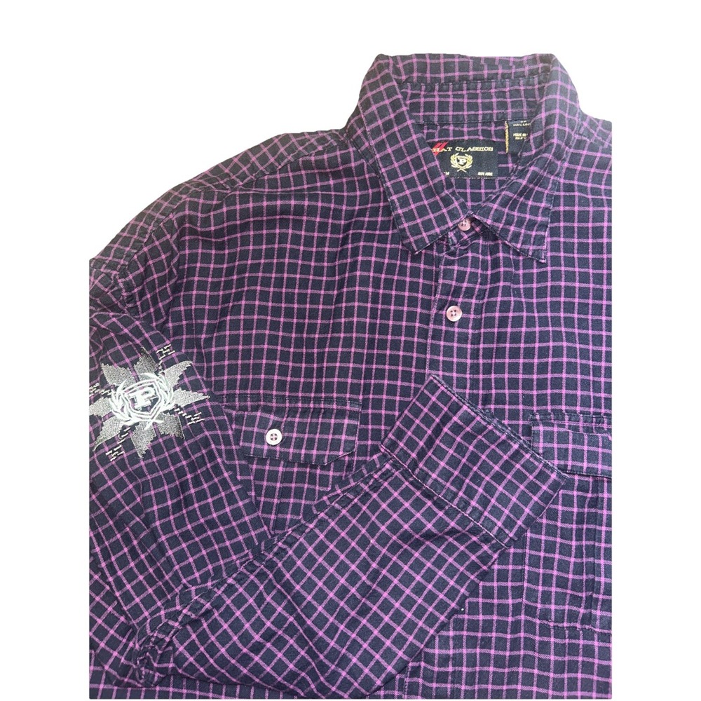 Phat Pharm Classic Purple/Black Plaid Flannel Button Up Men's XL, Sleeve Emblem‎
